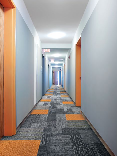 Interface Sidetrack carpet tile in a hallway