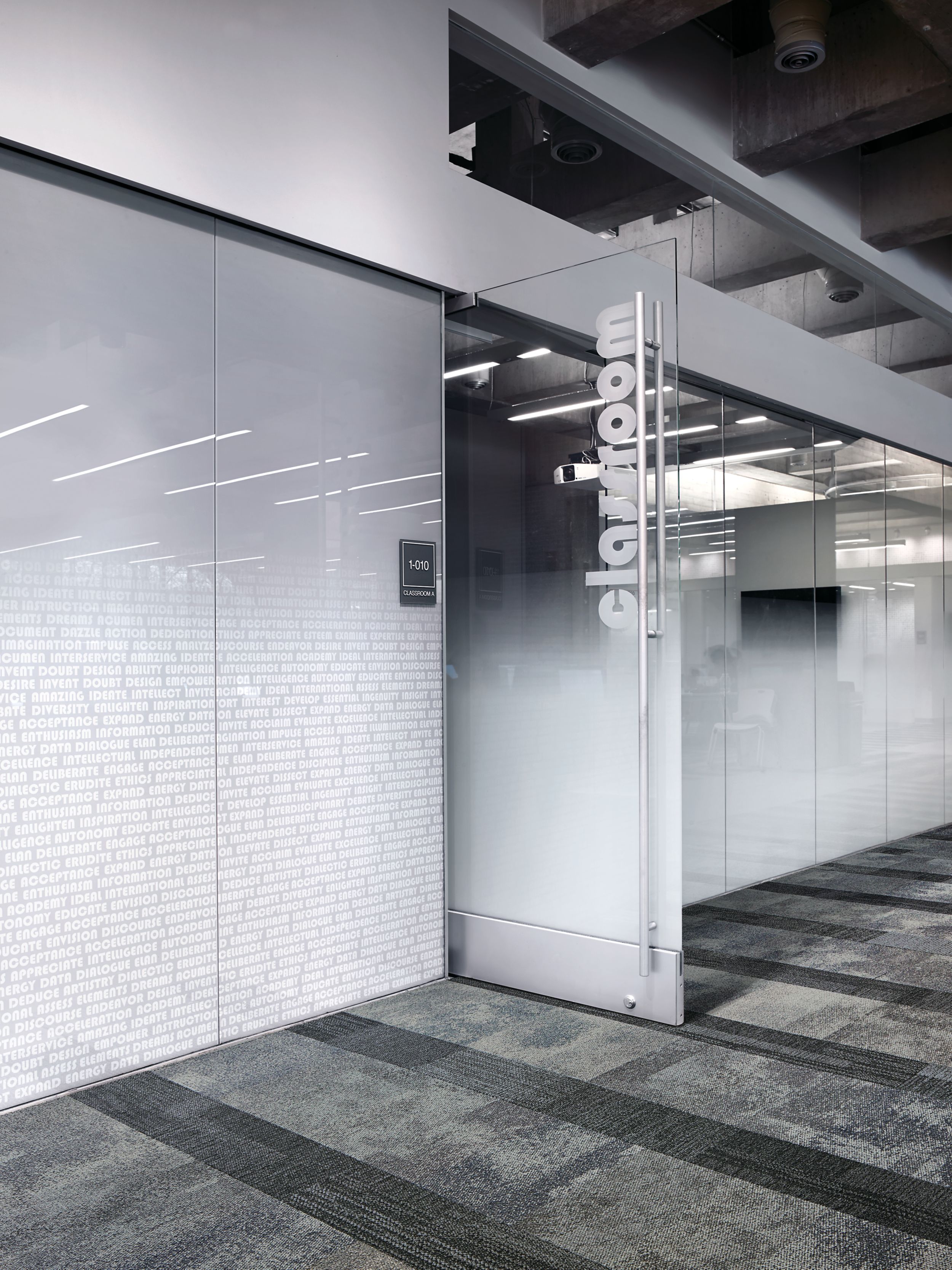 Interface Exposed and Verticals carpet tiles outside of frosted glass office at Meridian image number 1