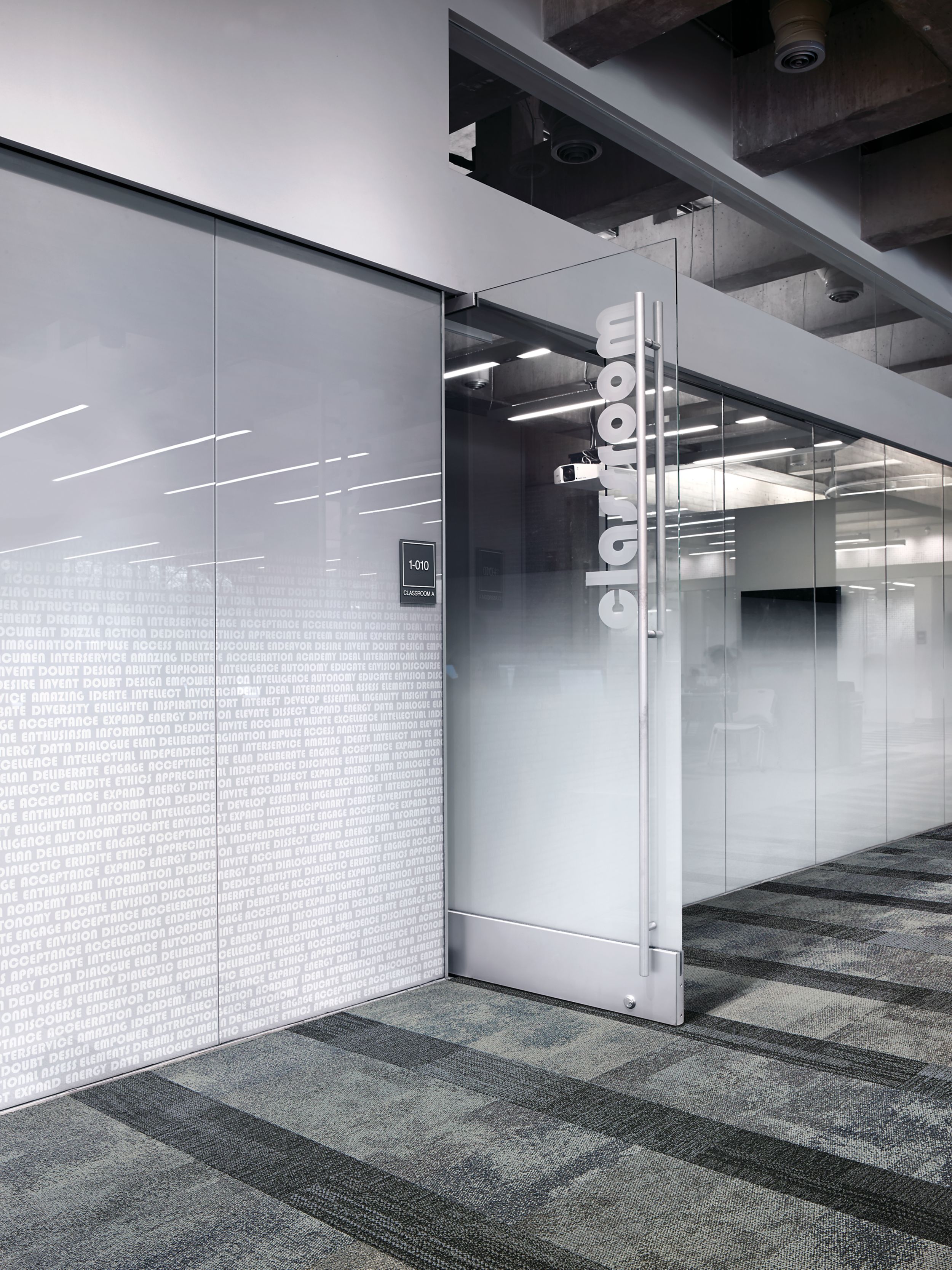 Interface Exposed and Verticals carpet tiles outside of frosted glass office at Meridian image number 9