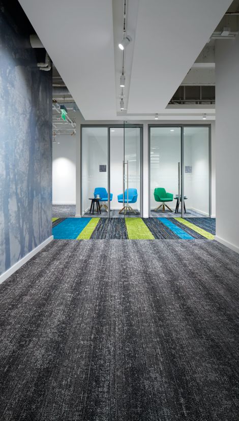 Interface Video Spectrum and Veiled Brushwork carpet tile in office common area showing focus rooms image number 2