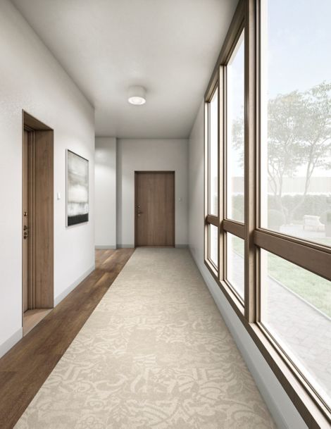 Interface Villa Scroll carpet tile with Textured Woodgrains LVT in corridor