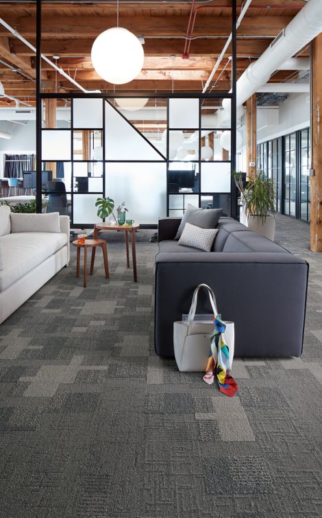 Interface Vintage Kimono and Geisha Gather plank carpet tile and Walk of Life LVT in casual office seating area