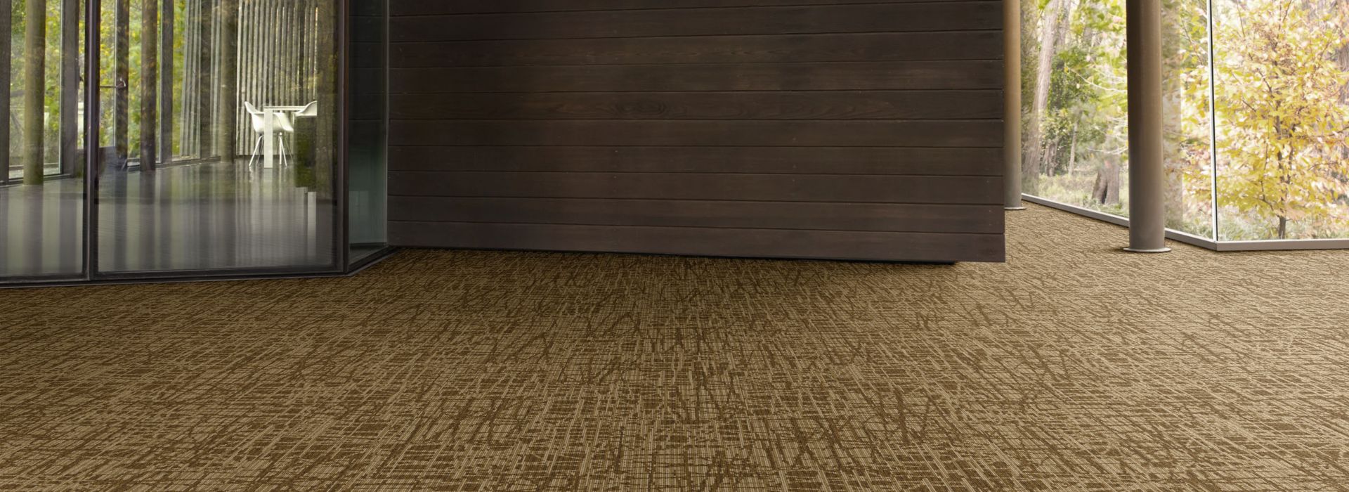 Interface WE153 plank carpet tile in entrance way with wood paneling