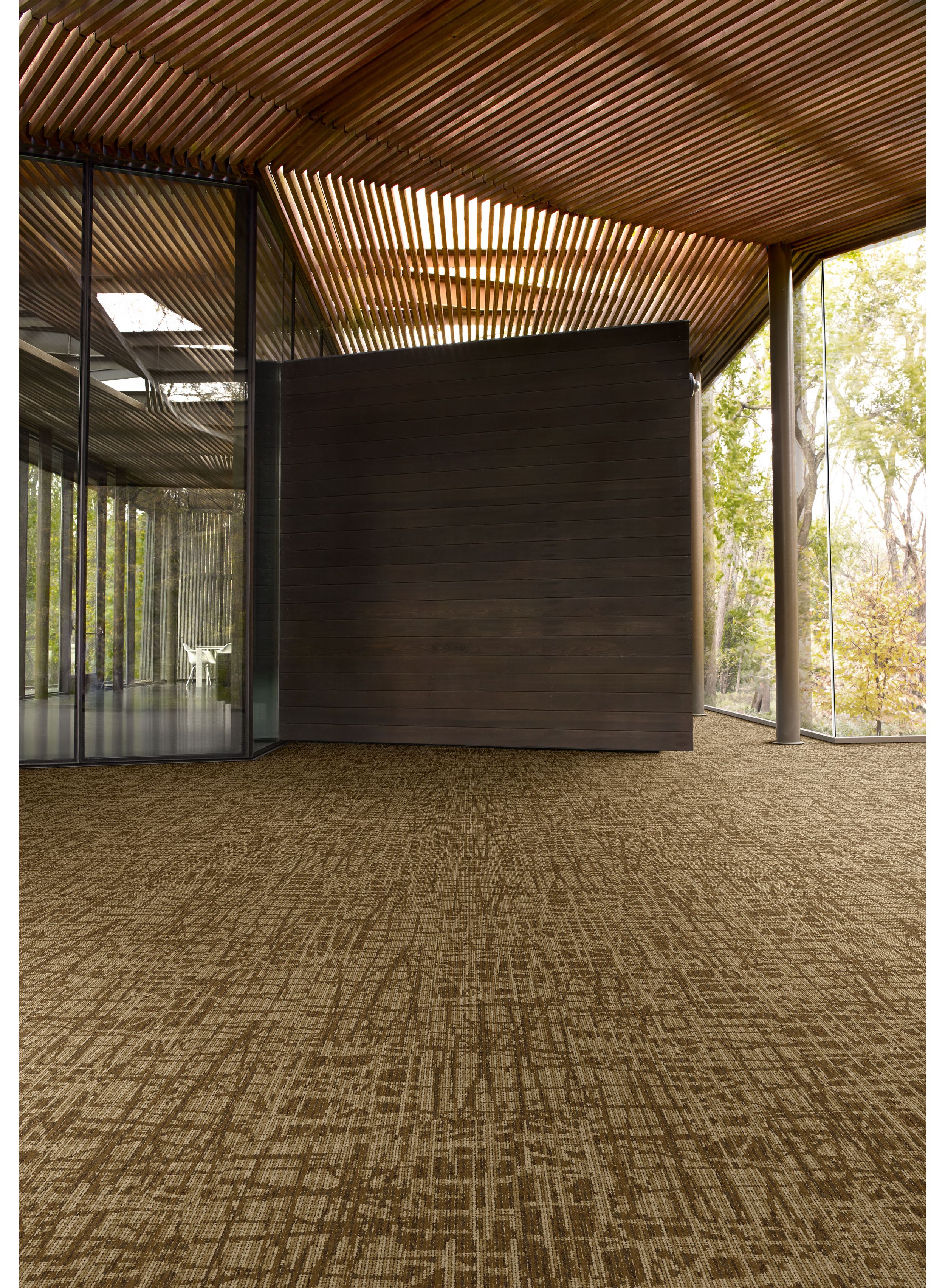 Interface WE153 plank carpet tile in entrance way with wood paneling image number 3