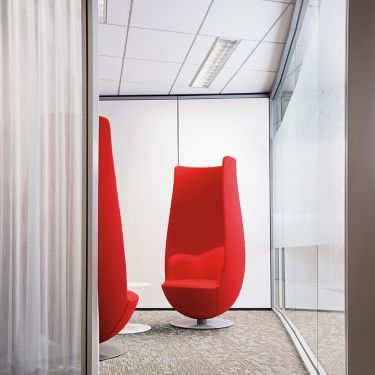 Interface WE154 plank carpet tile in waiting area with large red statement chairs image number 1