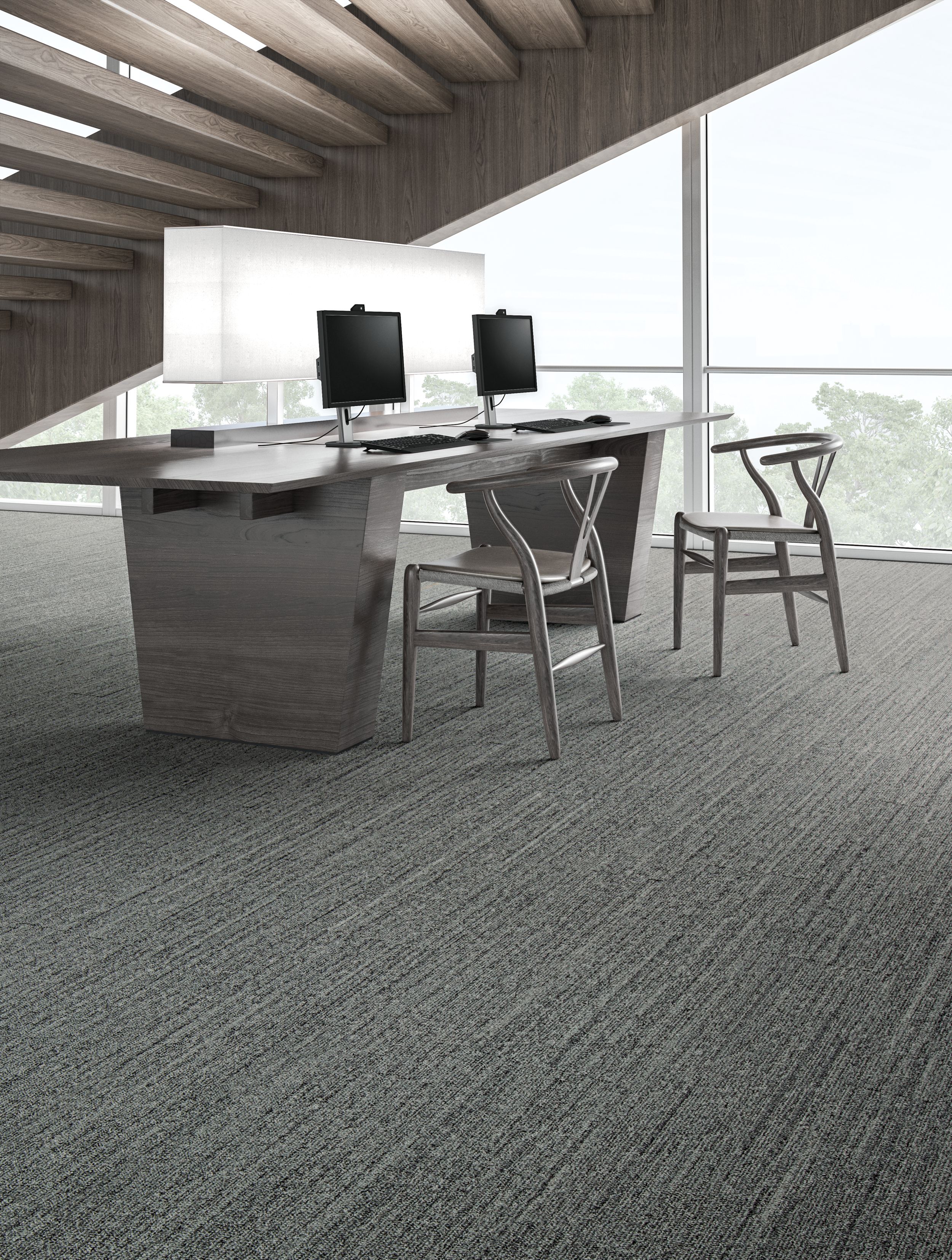 Interface WW880 plank carpet tile at a workstation under a stairwell número de imagen 7