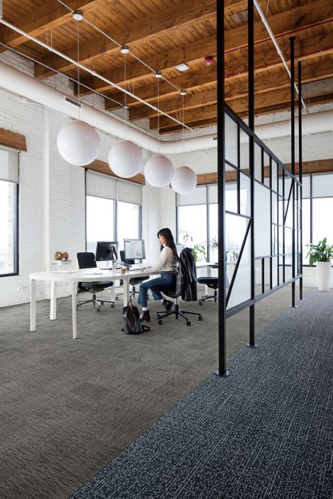Interface Zen Stitch and Sashiko Stitch plank carpet tile in open office