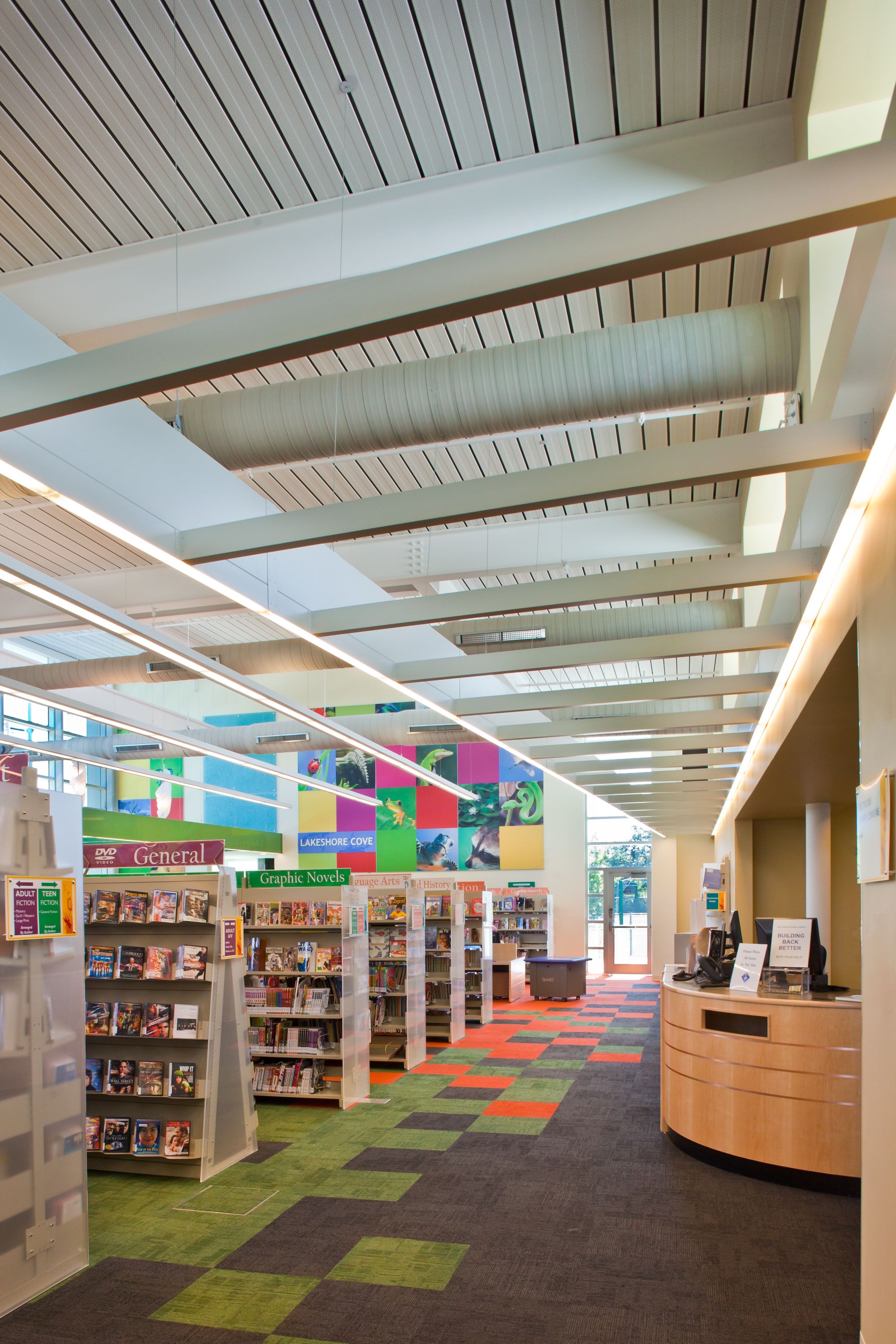 Interface Syncopation carpet tile in library with curved reception desk image number 8