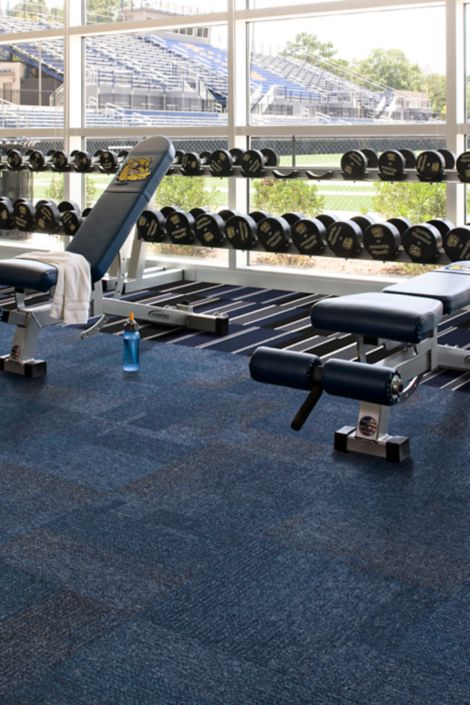 Interface Cubic carpet tile in weight room of gym