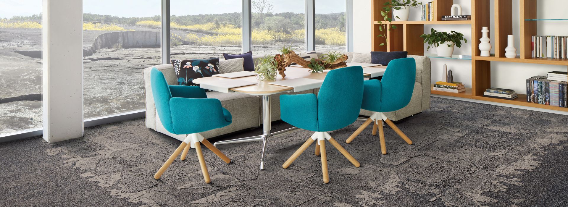 Interface Flat Rock, Bridge Creek, and Mountain Rock in private meeting room with blue chairs and large windows