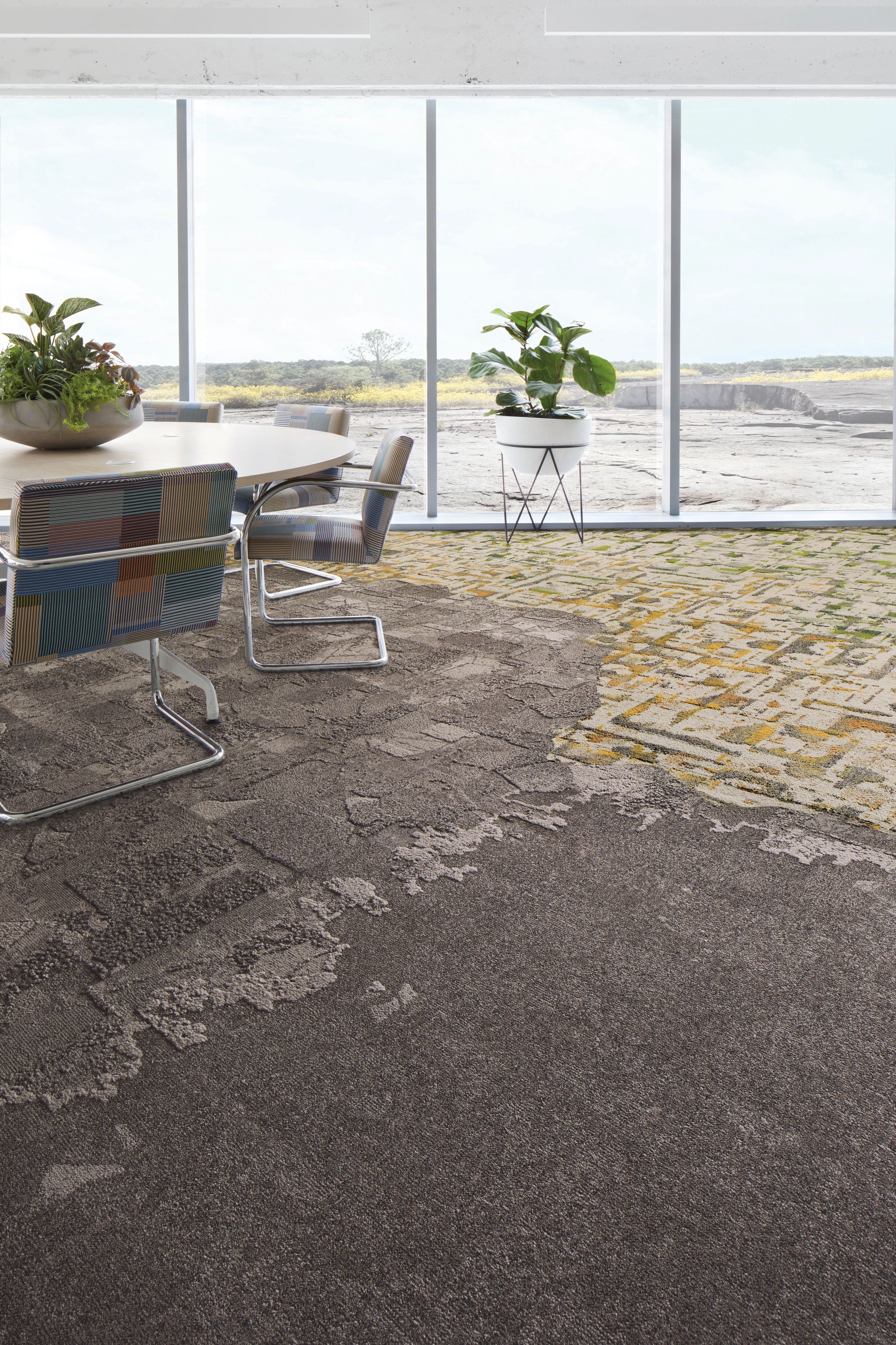 Interface Flat Rock, Bridge Creek, Mountain Rock and Panola Mountain carpet tile in meetiing room with large windows and green plants image number 7