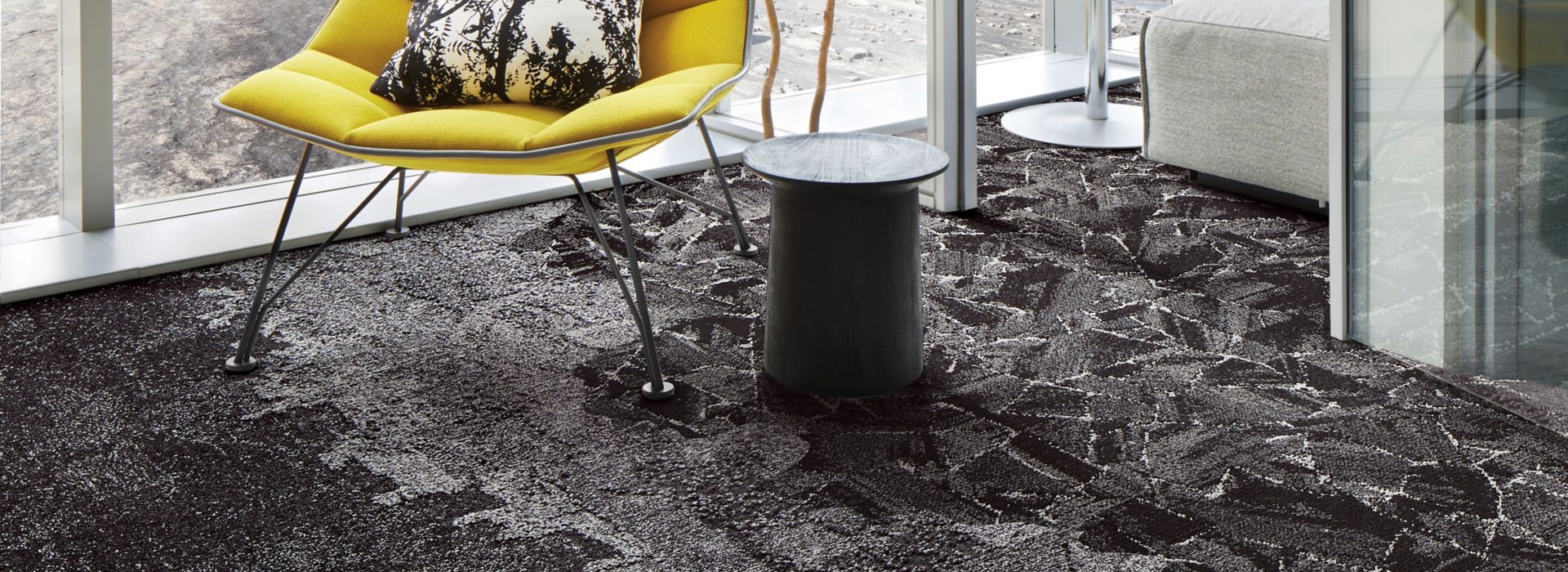 Interface Bridge Creek, Flat Rock, Mountain Rock and Mile Rock carpet tiles in seating area with yellow chair image number 2