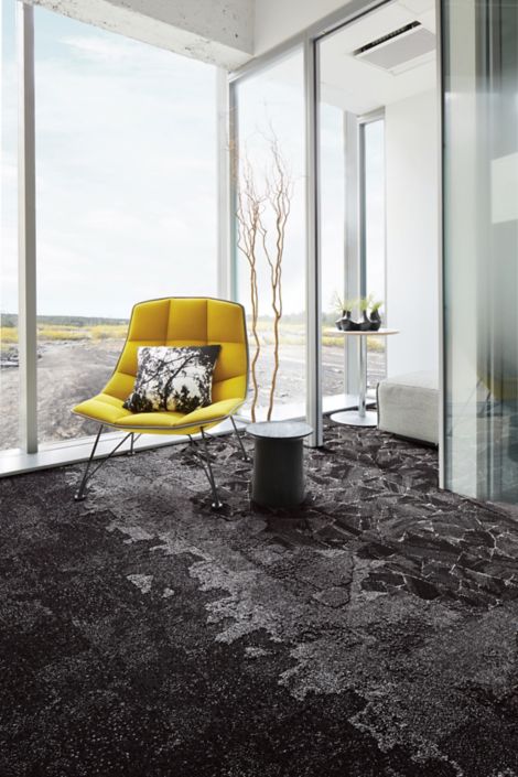 Interface Bridge Creek, Flat Rock, Mountain Rock and Mile Rock carpet tiles in seating area with yellow chair image number 5