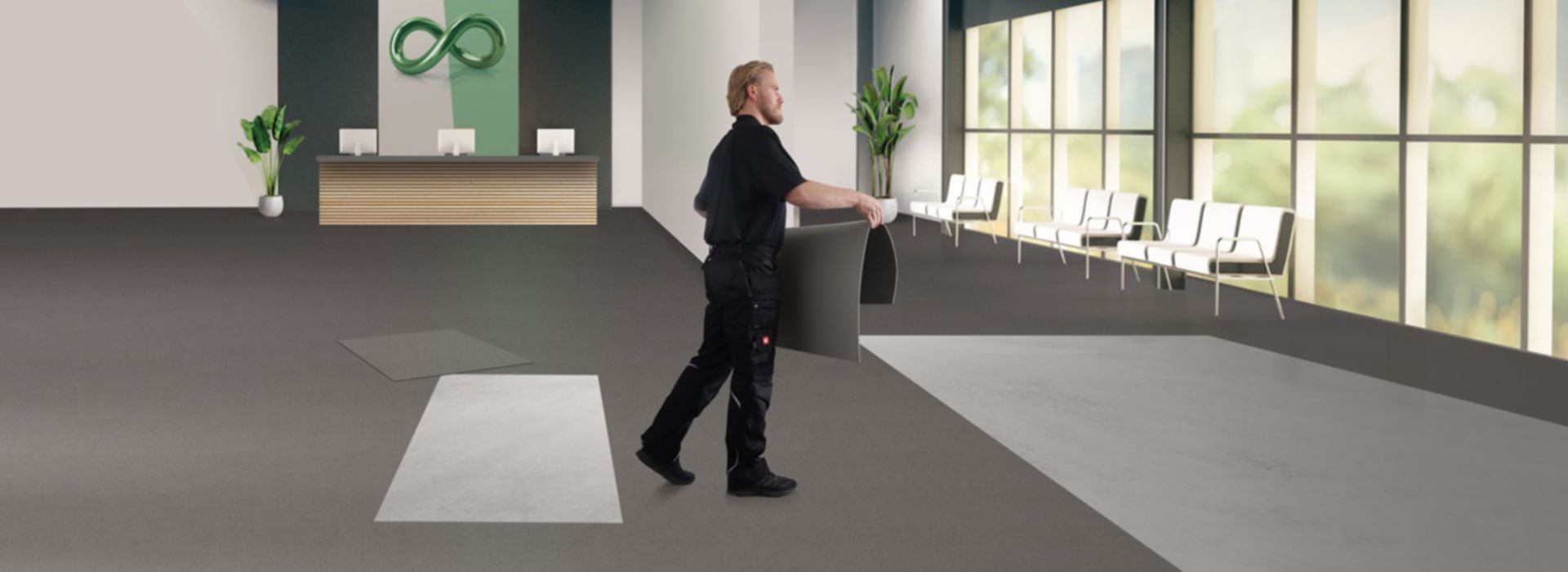 man installing norament 975 LL Rubber Flooring