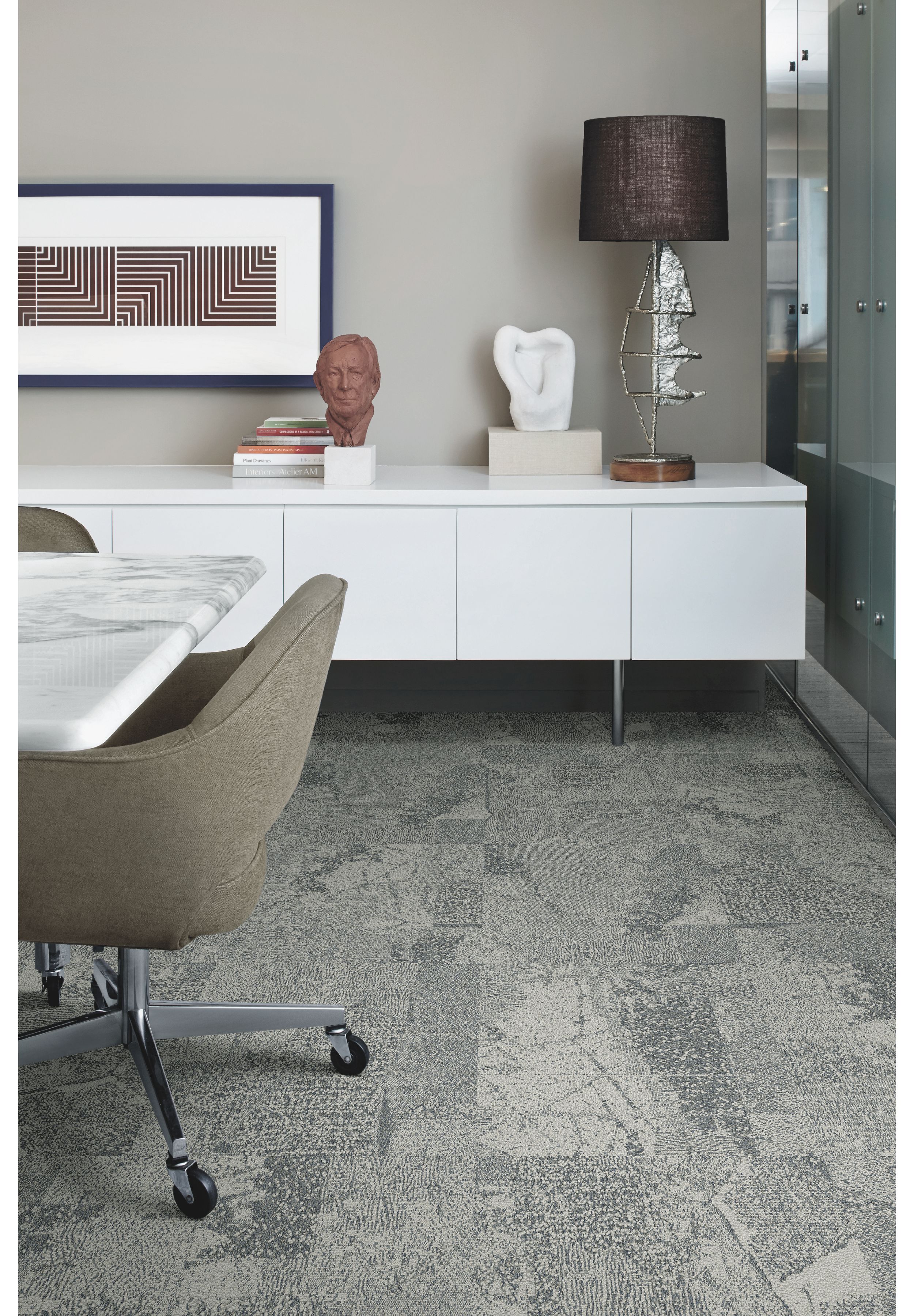 Interface Mountain Rock carpet tile in private office with credenza, table and chairs image number 8