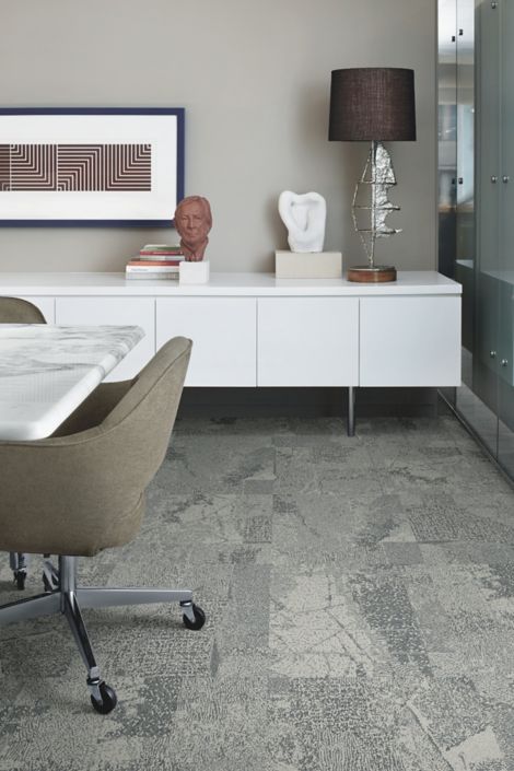 Interface Mountain Rock carpet tile in private office with credenza, table and chairs