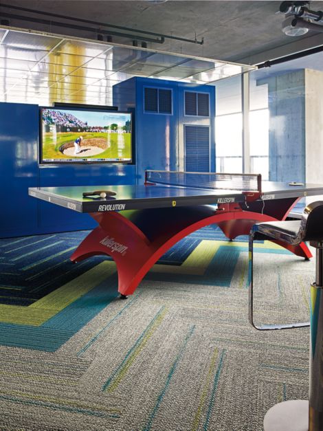 Interface Ground Waves and On Line plank carpet tile in game room with ping pong table