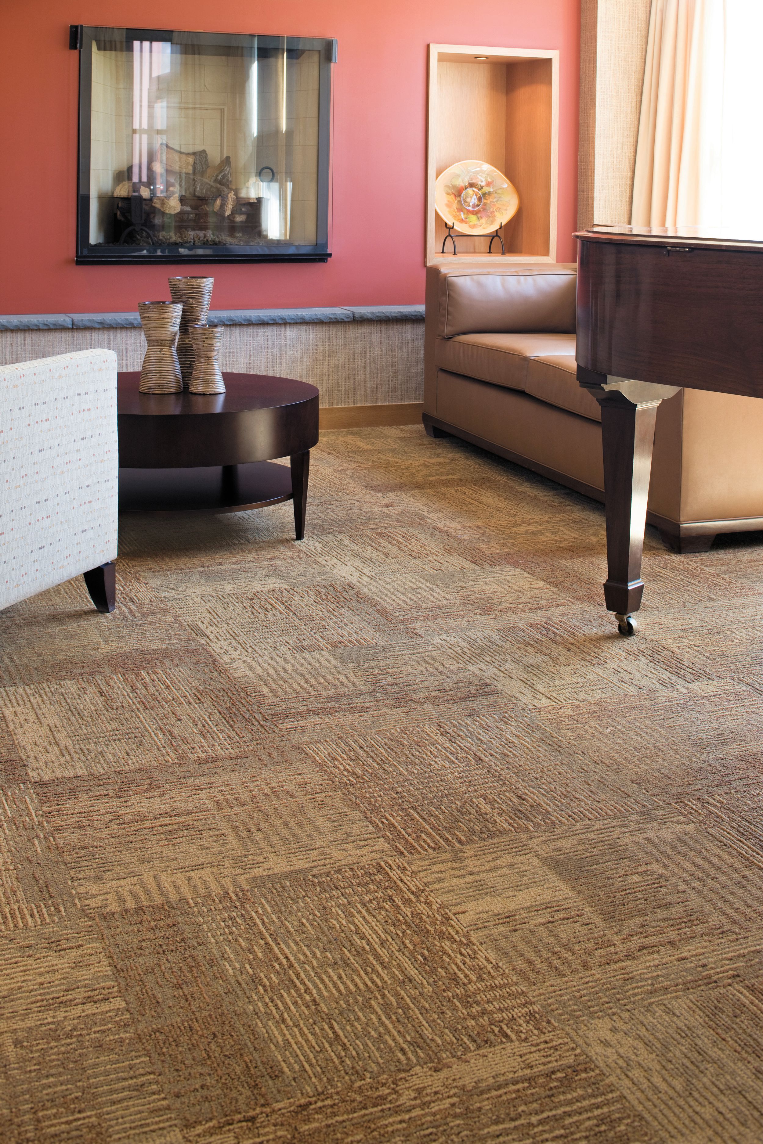 Interface Plain Weave carpet tile in lounge area with piano and seating image number 6