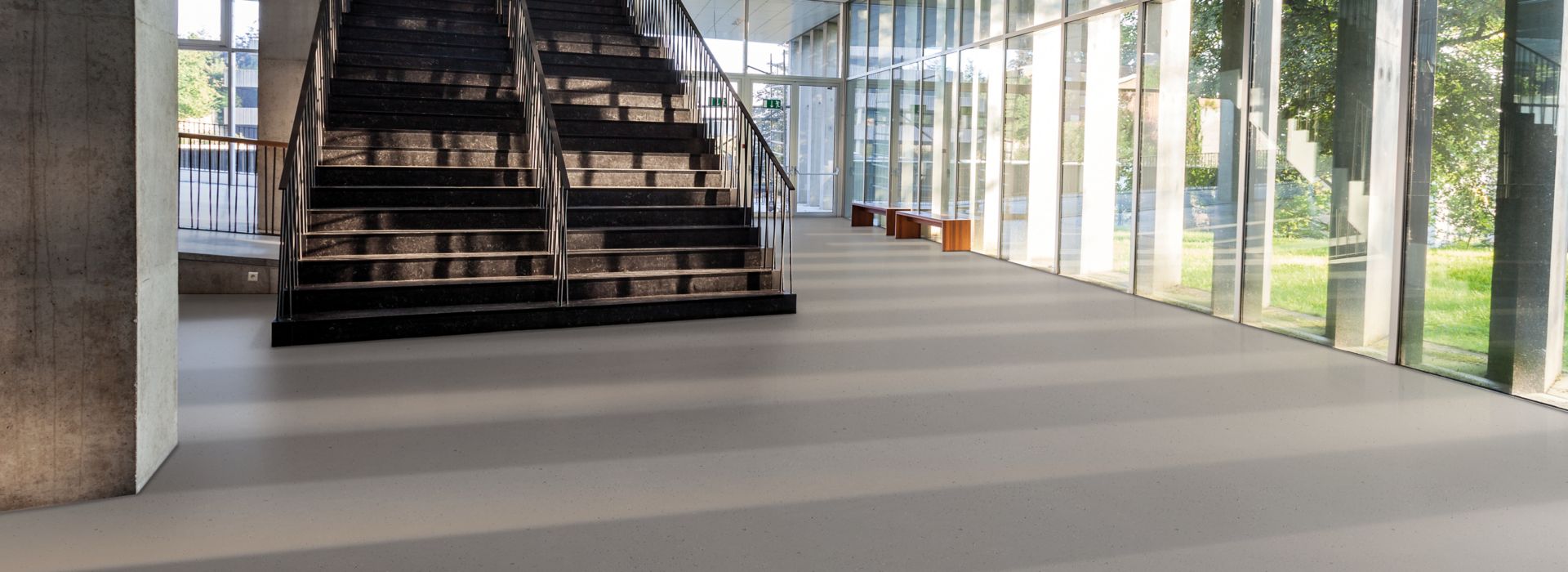norament 926 kivo rubber flooring in lobby with stairwell