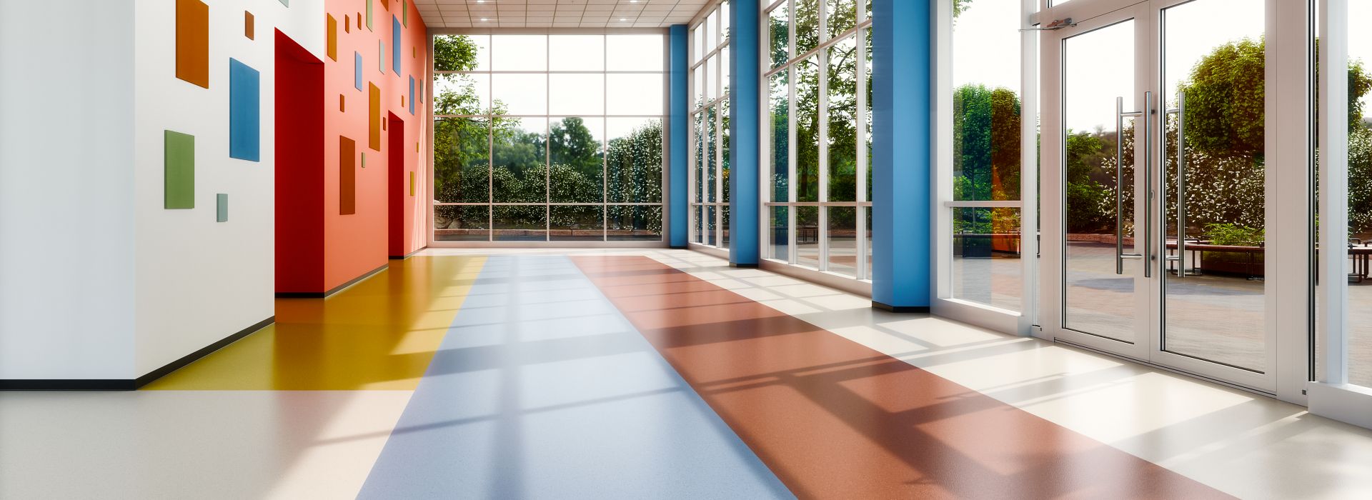 norament 926 satura rubber flooring in K-12 hallway with glass walls