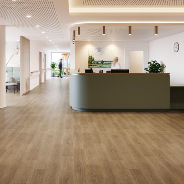 nora by Interface noravant timber rubber flooring in healthcare reception and corridor