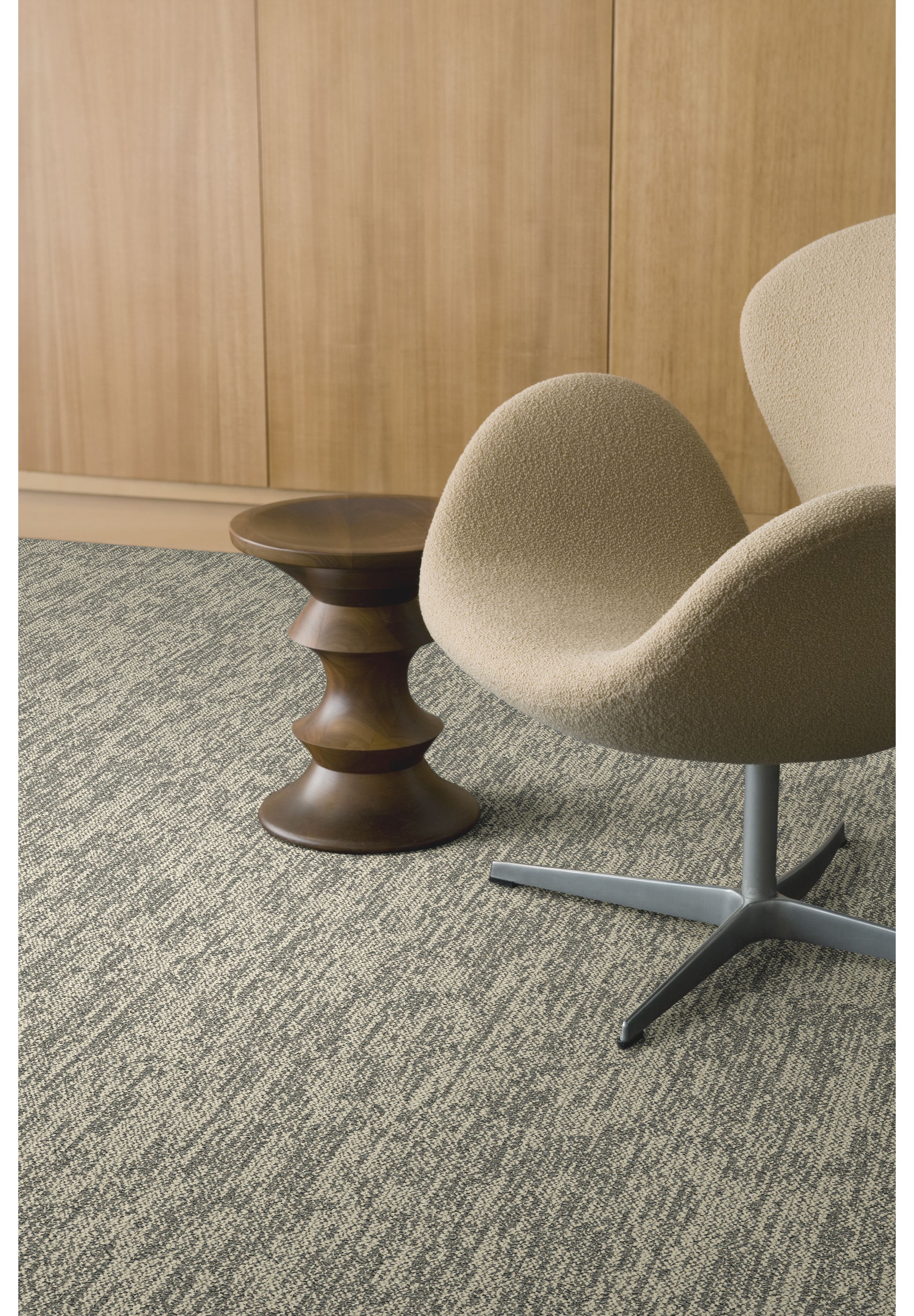 Interface Obligato plank carpet tile with textured fabric chair and small wooden art deco table image number 5