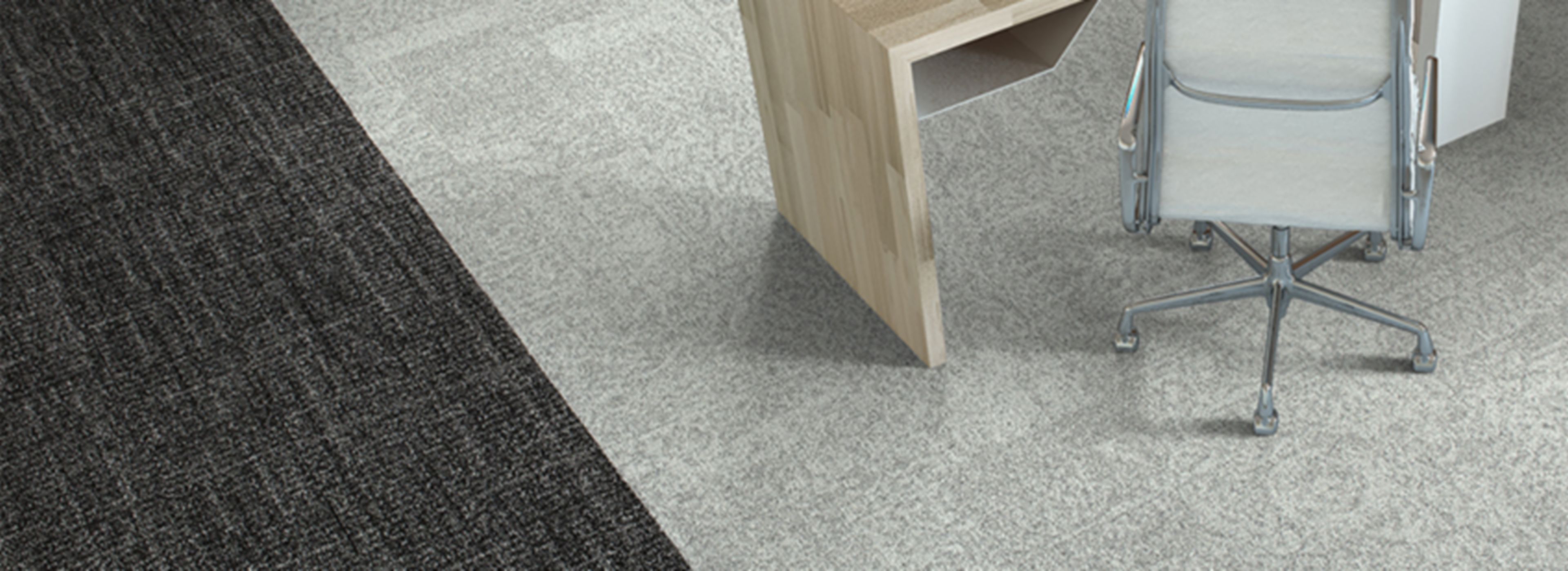 Interface Open Air 405 carpet tile in overhead view with small wooden workstation image number 1