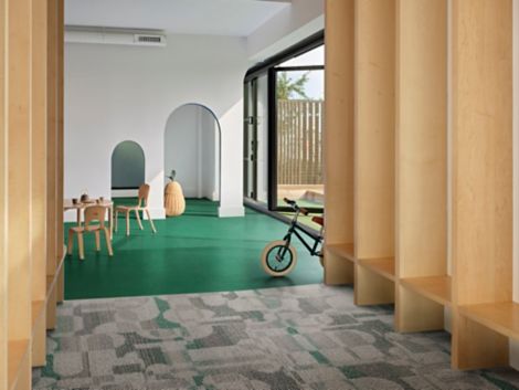 Interface Draw Conclusions carpet tile with nora by Interface norament kivo rubber flooring in K-12 corridor and work room image number 3