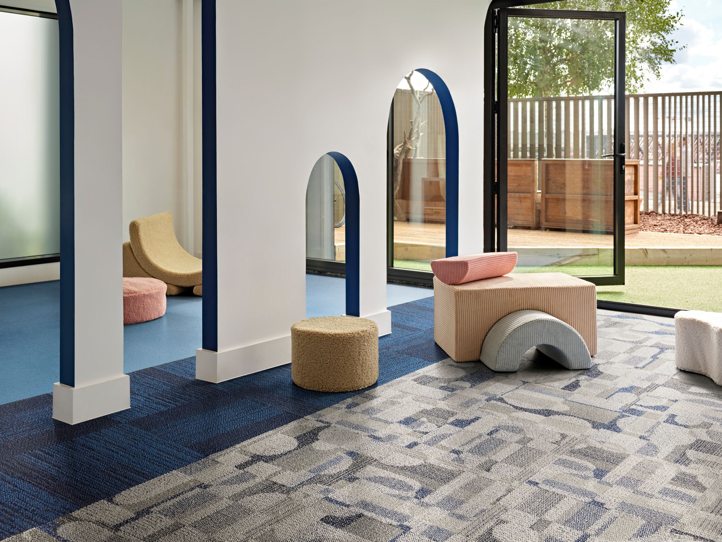 Interface Draw Conclusions carpet tile with nora by Interface norament kivo rubber flooring in education lobby image number 4