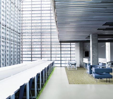 noraplan sentica rubber flooring with Interface WW895 plank carpet tile in workplace collaborative space imagen número 9