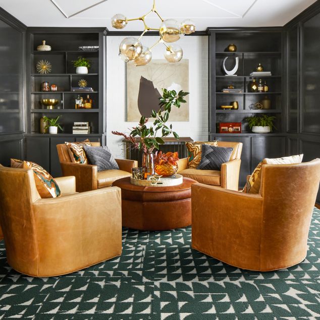 FLOR Moon Walk carpet tile in loung with arm chairs and chandelier