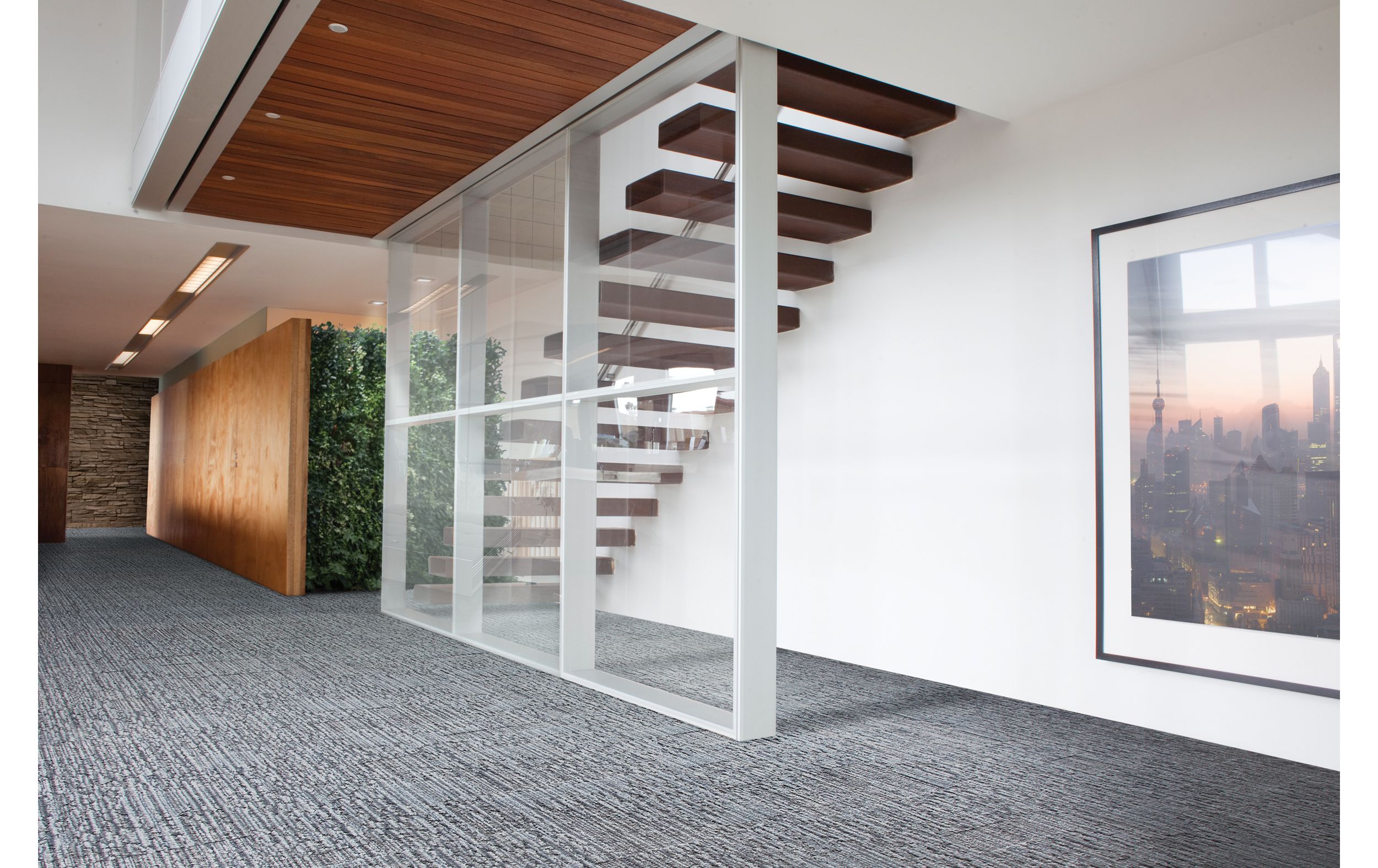 Interface UR201 carpet tile in office with living wall and open, wood staircase image number 3