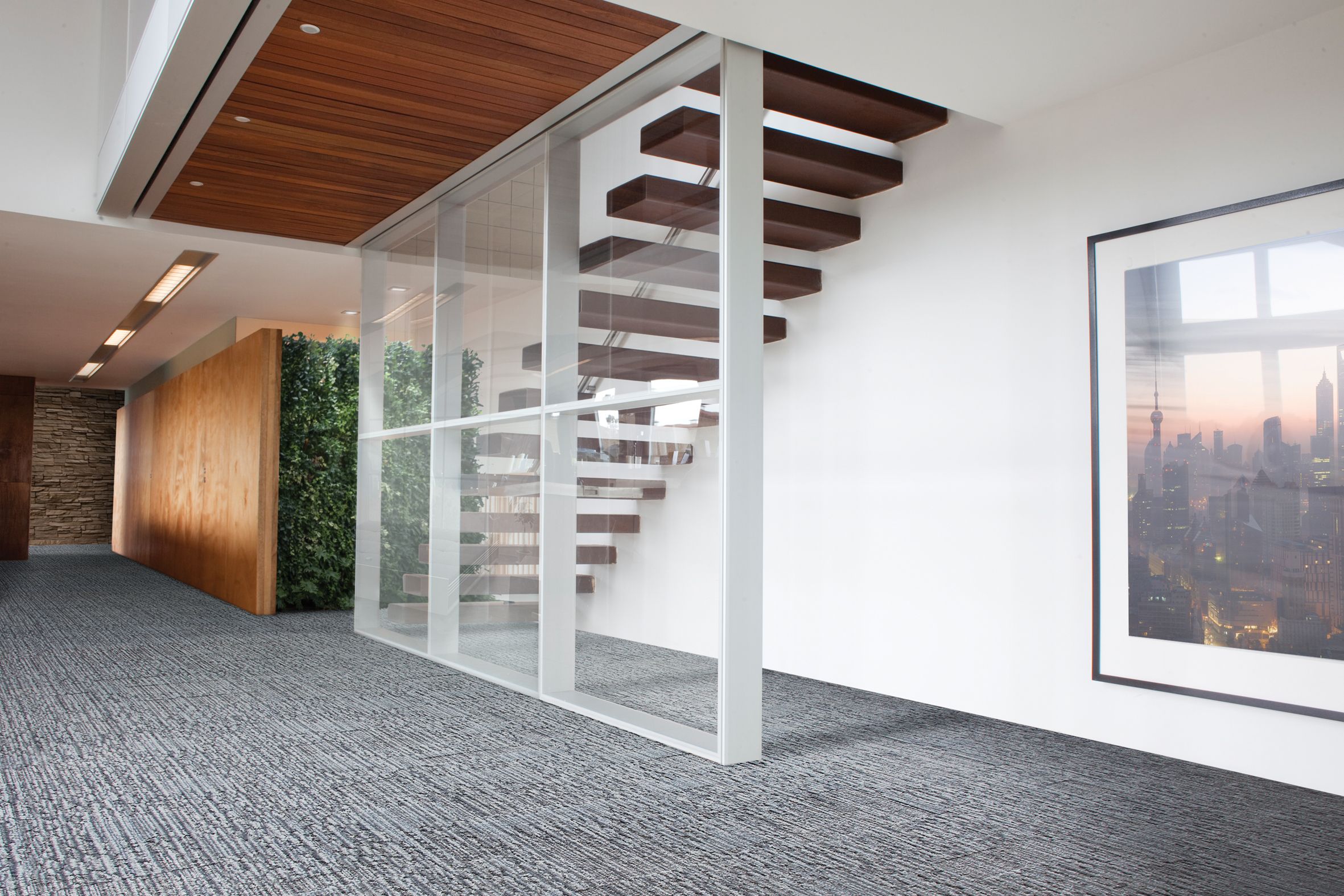 Interface UR201 carpet tile in office with living wall and open, wood staircase image number 7