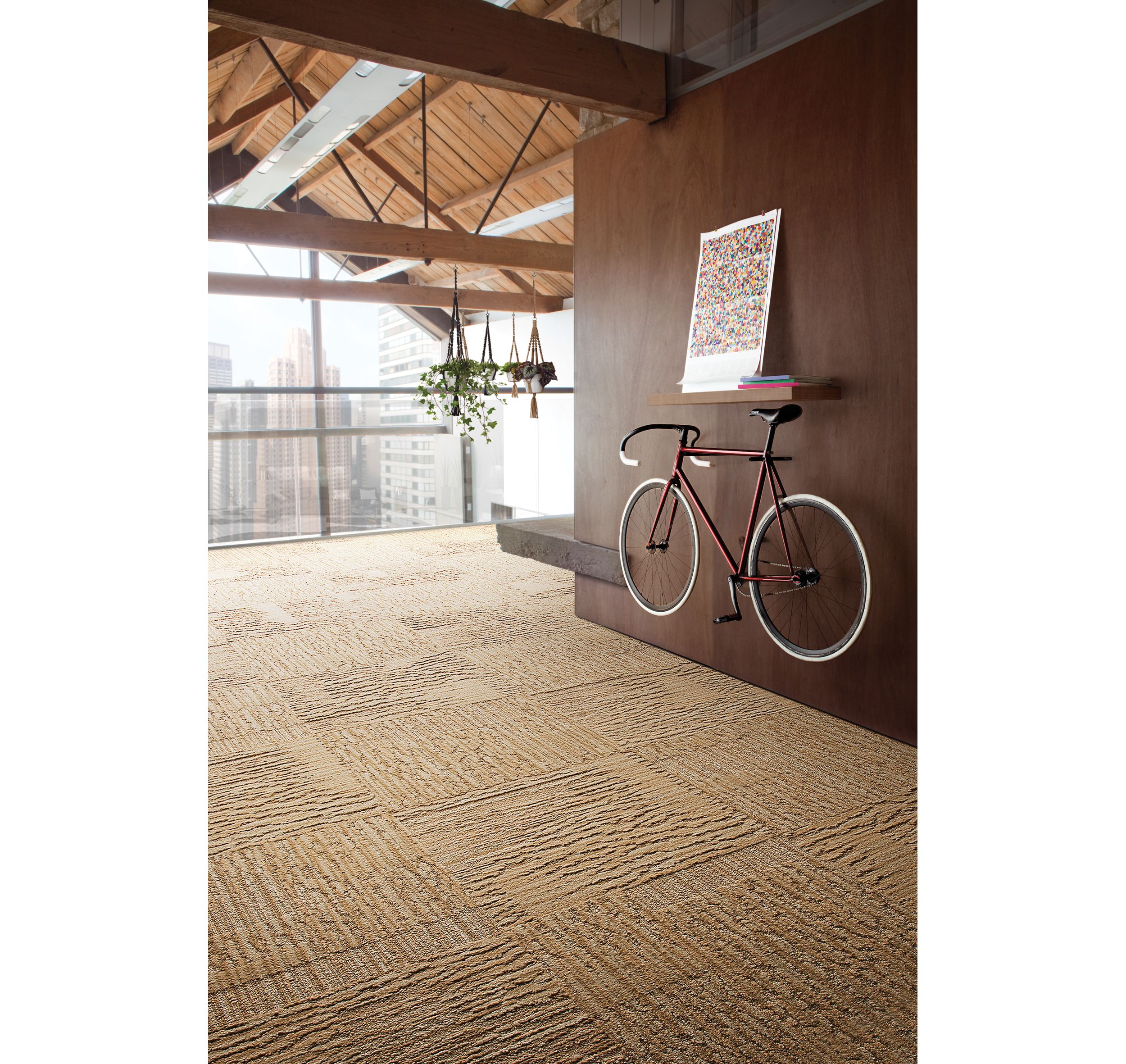 Interface UR201 carpet tile in office corridor with wood walls and bicycle on wall image number 4