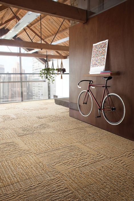 Interface UR201 carpet tile in office corridor with wood walls and bicycle on wall image number 4