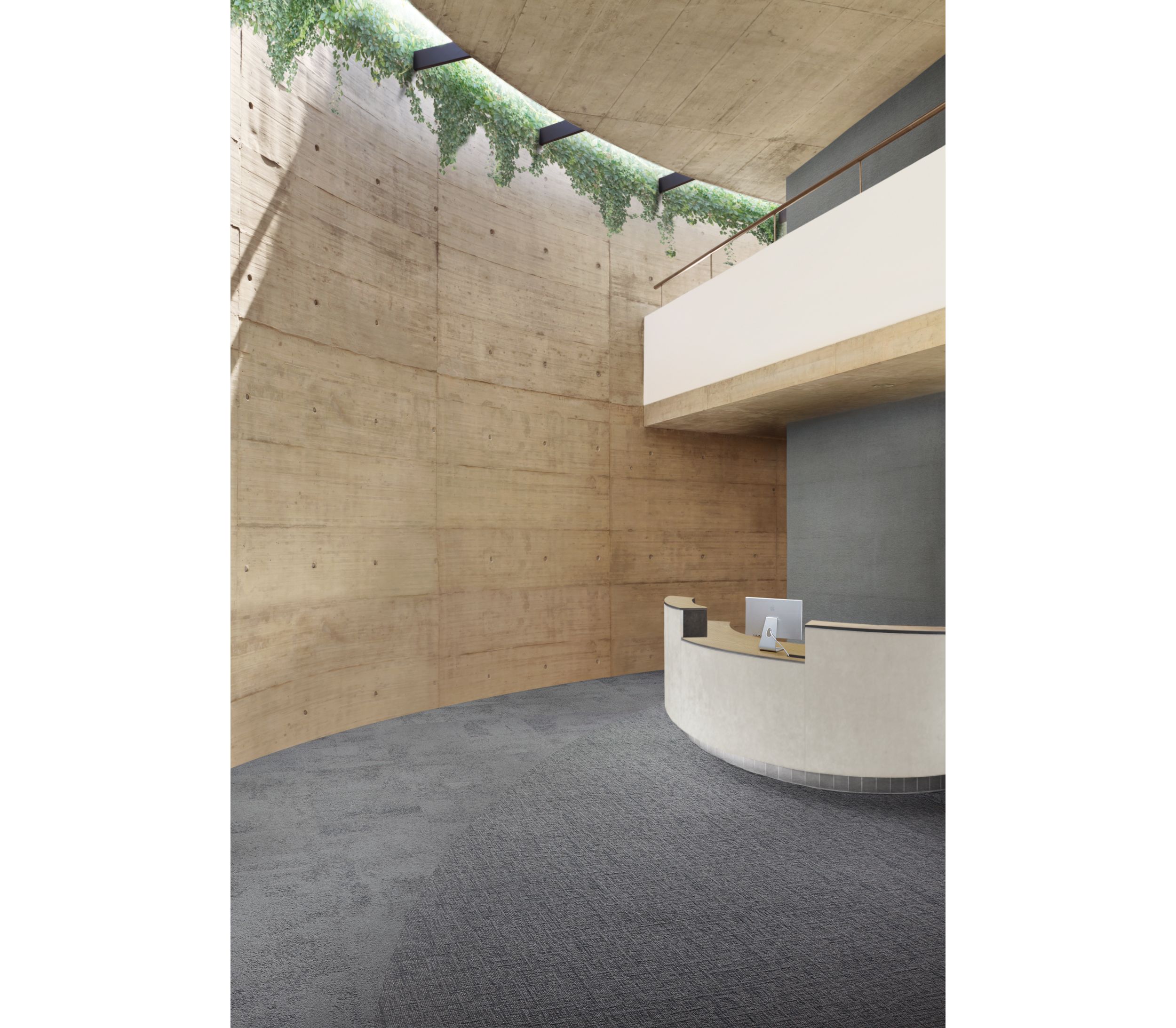 Interface UR301 and UR303 carpet tile in reception area with curved desk and wood walls image number 4