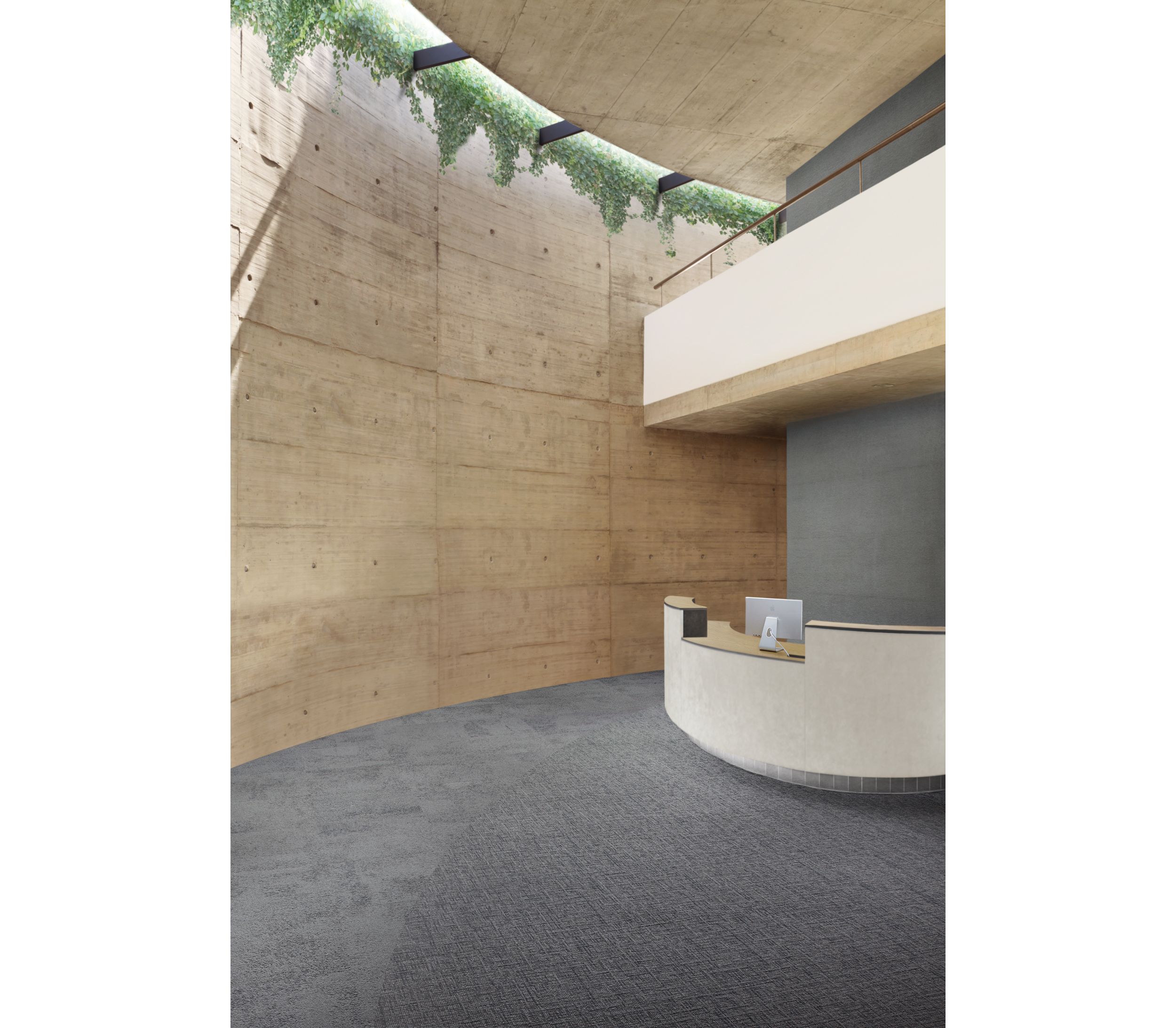 Interface UR301 and UR303 carpet tile in reception area with curved desk and wood walls image number 3