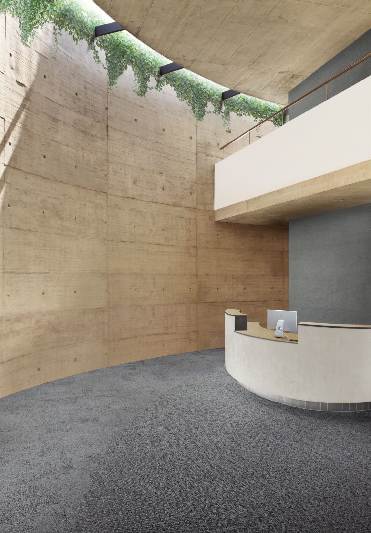Interface UR301 and UR303 carpet tile in reception area with curved desk and wood walls image number 9