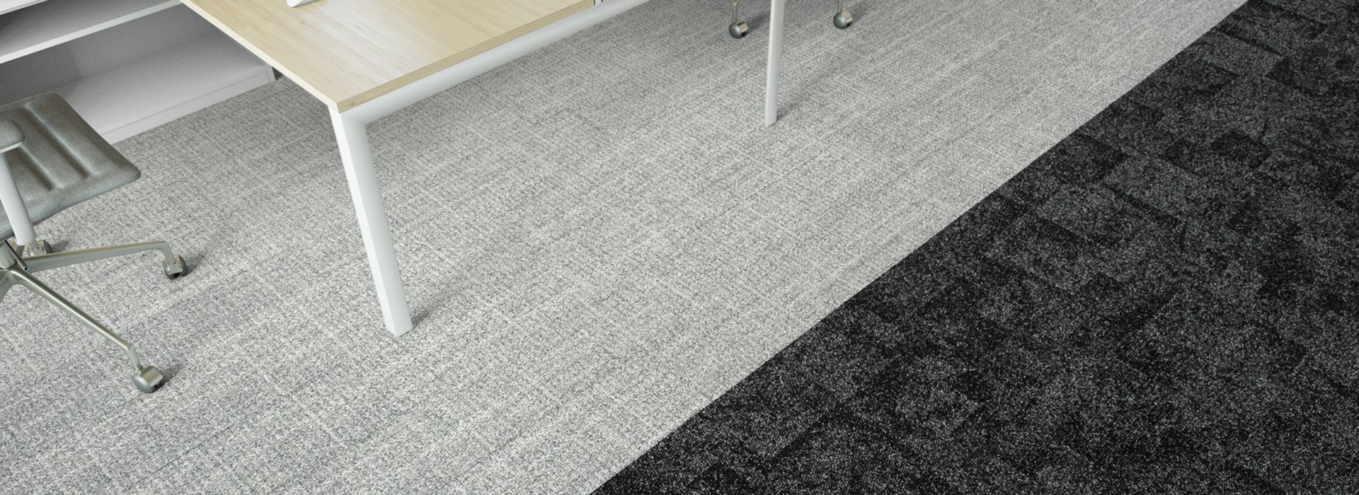 Interface Open Air 401 plank carpet tile in floor view with wood top work desk