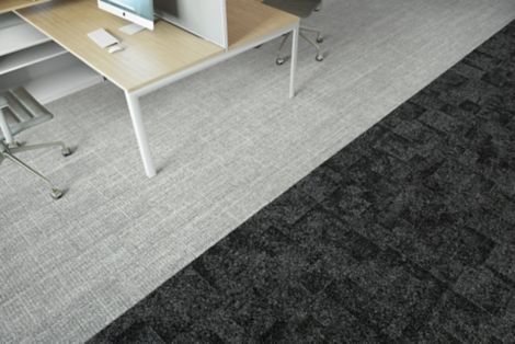 Interface Open Air 401 plank carpet tile in floor view with wood top work desk