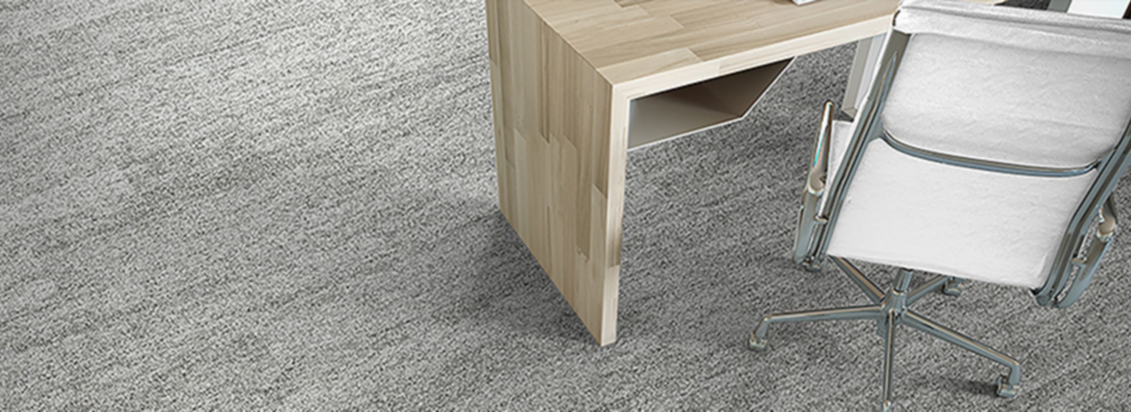Interface Open Air 402 plank carpet tile in floor view with wood work desk and rolling office chair image number 1