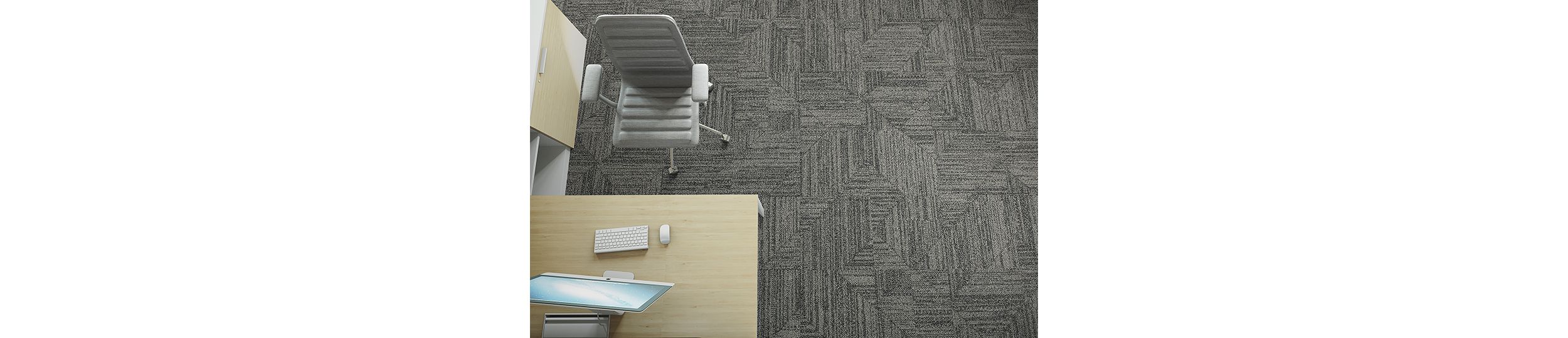 Interface Open Air 403 carpet tile in overhead view with wood work desk and file cabinet imagen número 3