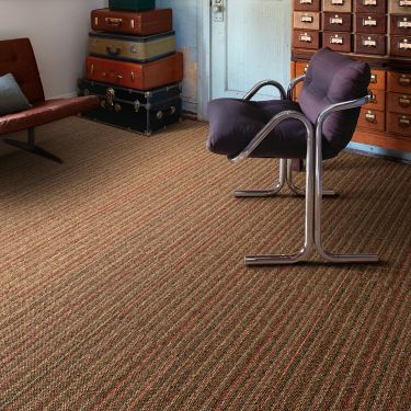 Interface WW865 plank carpet tile in office common area with purple chair