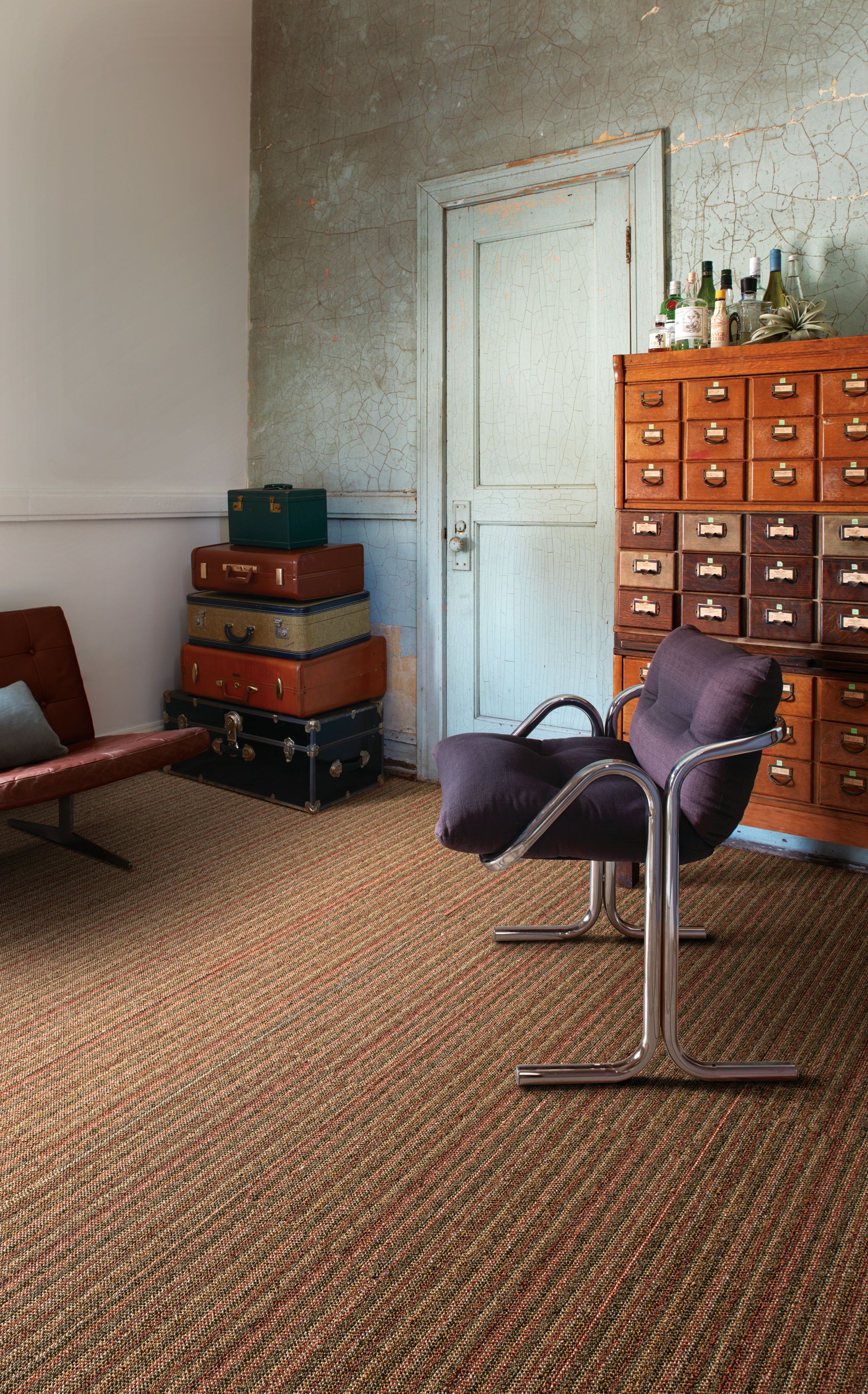 Interface WW865 plank carpet tile in office common area with purple chair image number 1