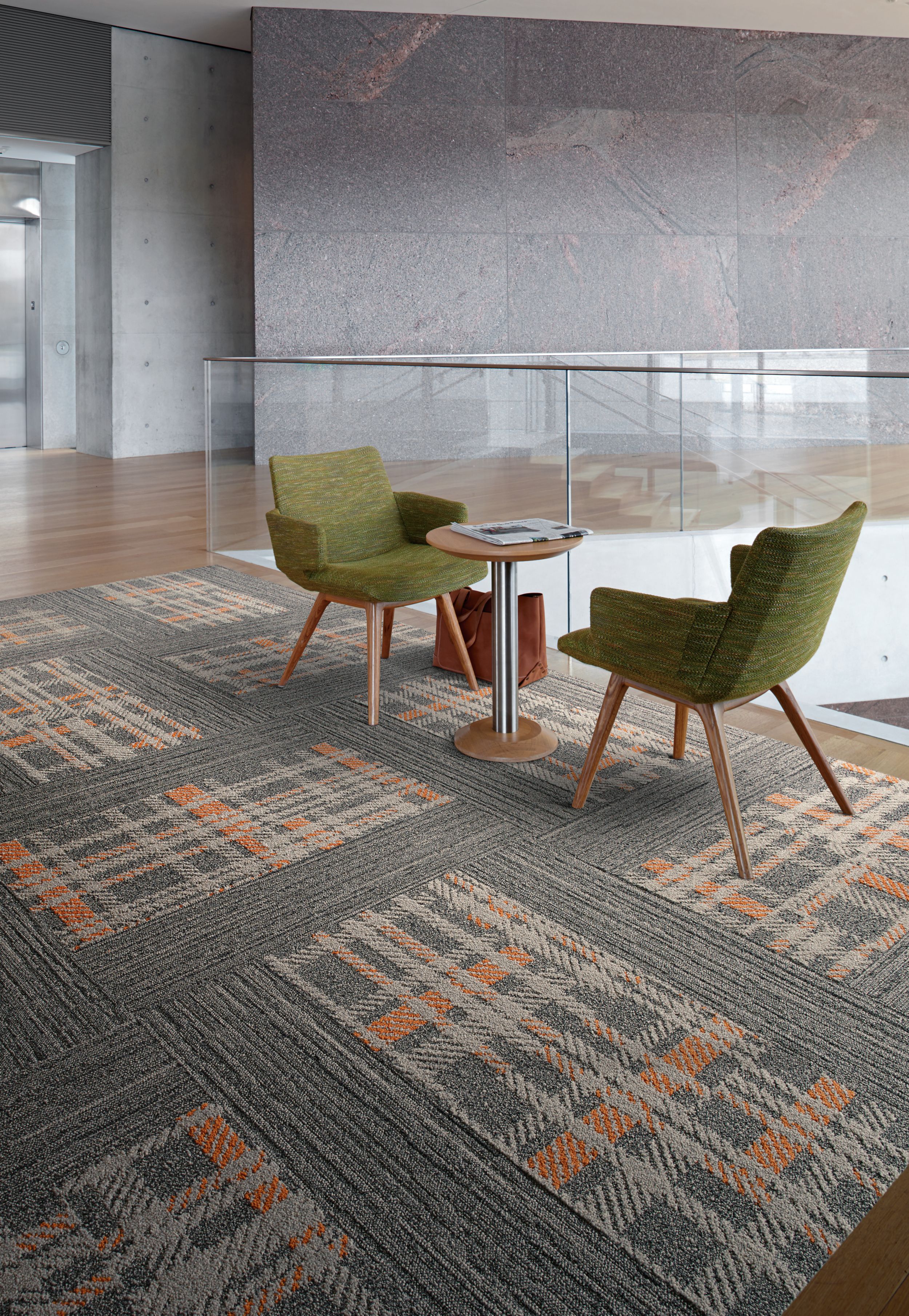 Interface WW880 plank carpet tile and Scottish Sett Flor carpet tile with table and chairs image number 8