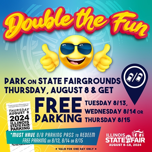 Park on the Fairgrounds on Thursday. August 8 & get free parking on either Tuesday, August 13. Or Wednesday, August 14 or Thursday, August 15