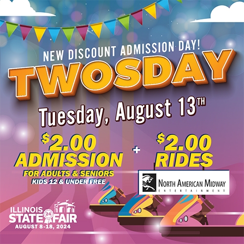 Twosday, On August 13, Adult and Senior admission is $2.  rides are $2 each