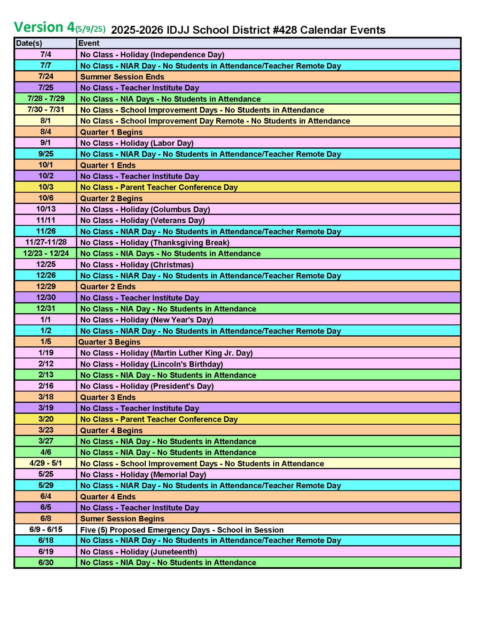 IDJJ School Calendar 2025-2026