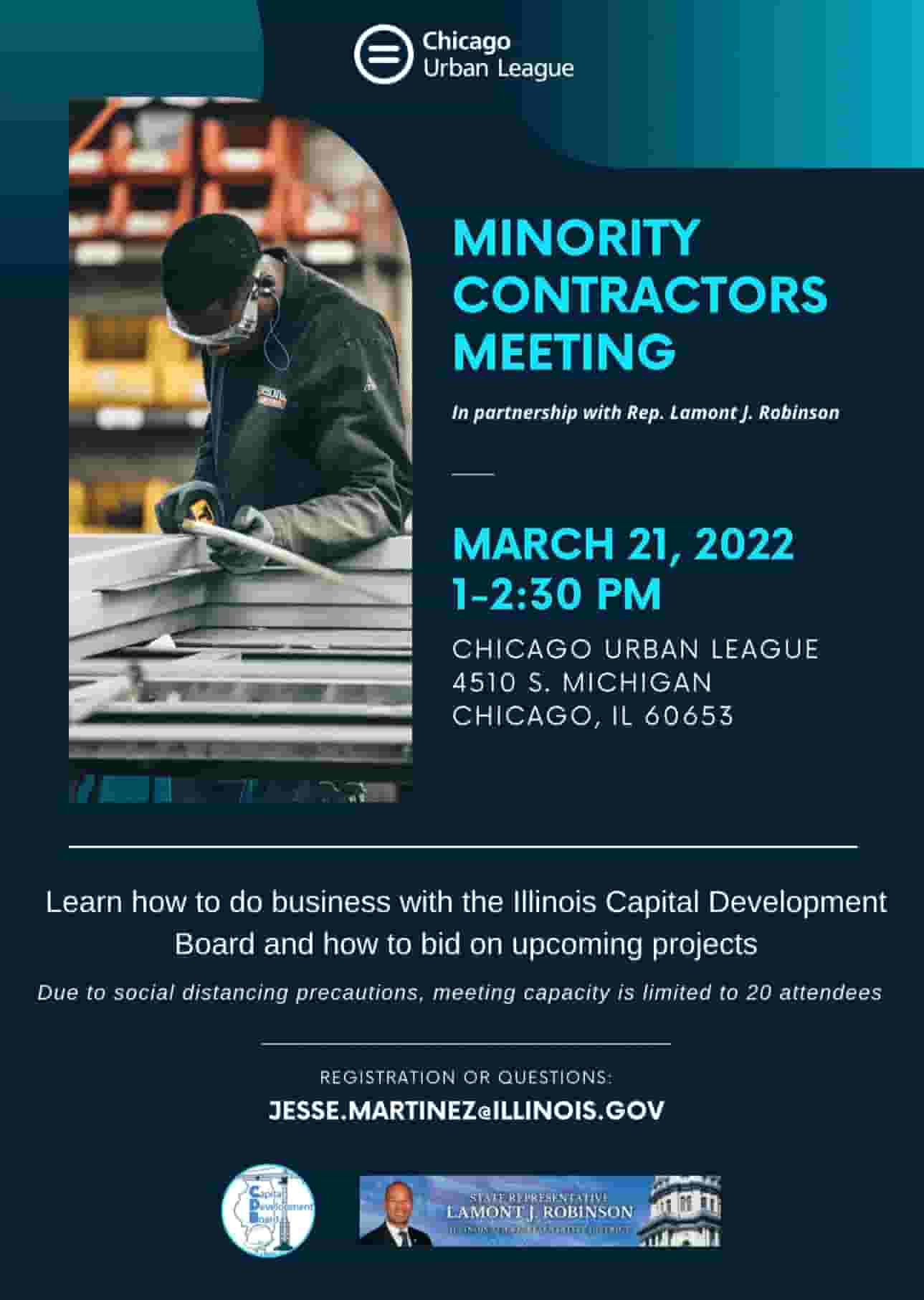 A poster detailing the time and location for a meeting between minority contractors in Chicago, Illinois. Shown is a picture of a man working in a construction building.