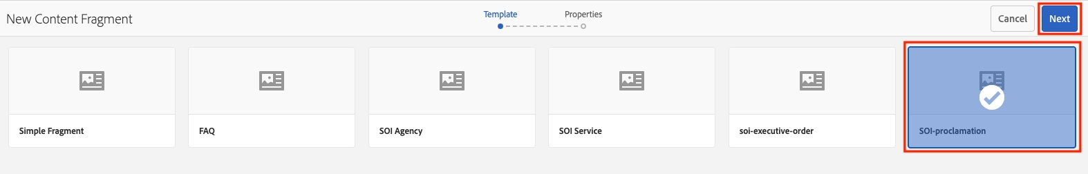 select soi proclamation content fragment in AEM